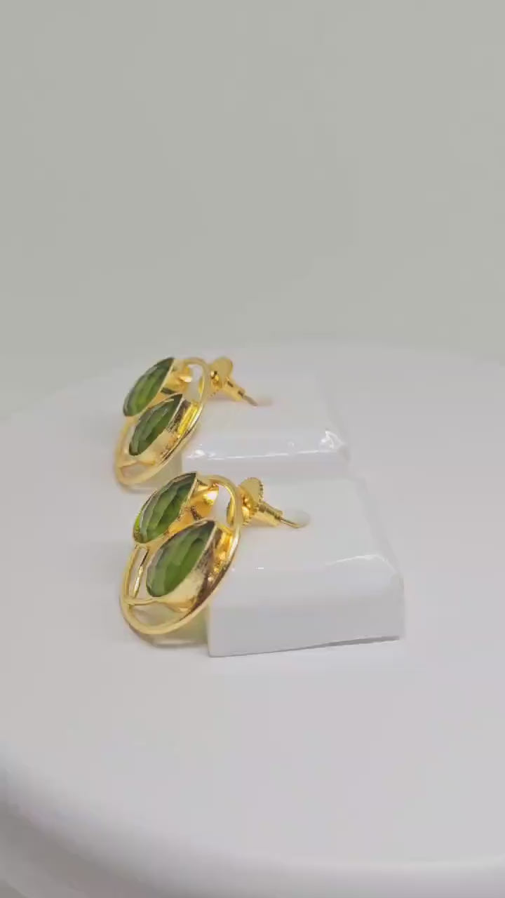 Gold Plated Round Brass Earrings with Faceted Peridot Stones – Handmade Jewelry for Women – Elegant and Stylish Green Gemstone Stud Earrings