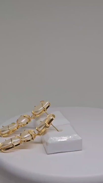 Elegant Mother of Pearl Drop Earrings with Gold-Plated Wire Detailing – Unique Dangle Design for Formal and Festive Wear, Brass Earrings