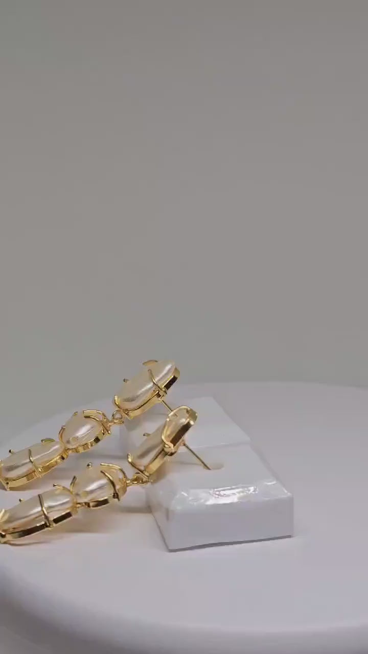 Elegant Mother of Pearl Drop Earrings with Gold-Plated Wire Detailing – Unique Dangle Design for Formal and Festive Wear, Brass Earrings