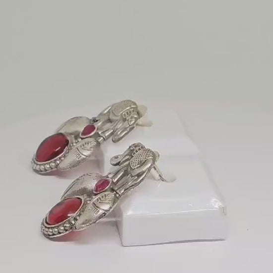 Handcrafted Silver Elephant Earrings with Green or Red Stones – Unique Ethnic Tribal Jewelry, Boho Chic Statement Accessories for Women