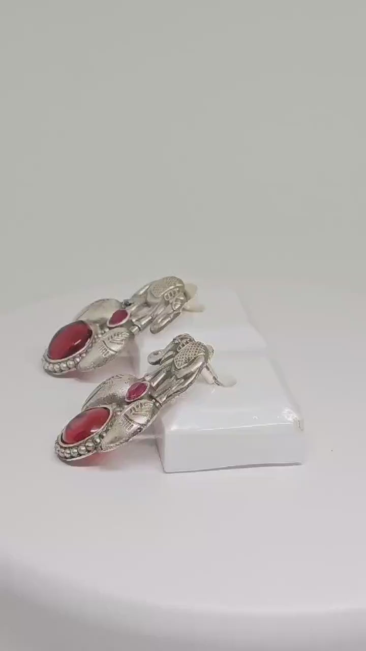 Handcrafted Silver Elephant Earrings with Green or Red Stones – Unique Ethnic Tribal Jewelry, Boho Chic Statement Accessories for Women