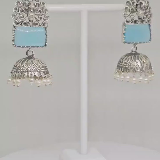 Silver Jhumka Earrings with Blue or Black Stones, Traditional Indian Jewelry, Pearl Dangle Ethnic Earrings, Handcrafted Boho Accessories