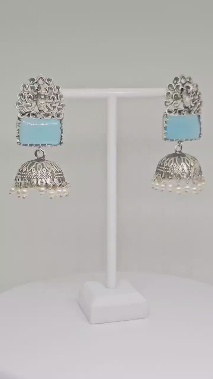 Silver Jhumka Earrings with Blue or Black Stones, Traditional Indian Jewelry, Pearl Dangle Ethnic Earrings, Handcrafted Boho Accessories
