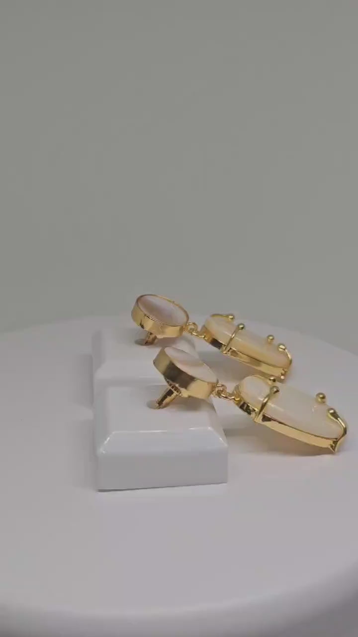 Elegant Handmade Gold-Plated Dangle Earrings with Oval-Shaped Mother of Pearl Stones, Perfect for Women’s Fashion and Special Occasions