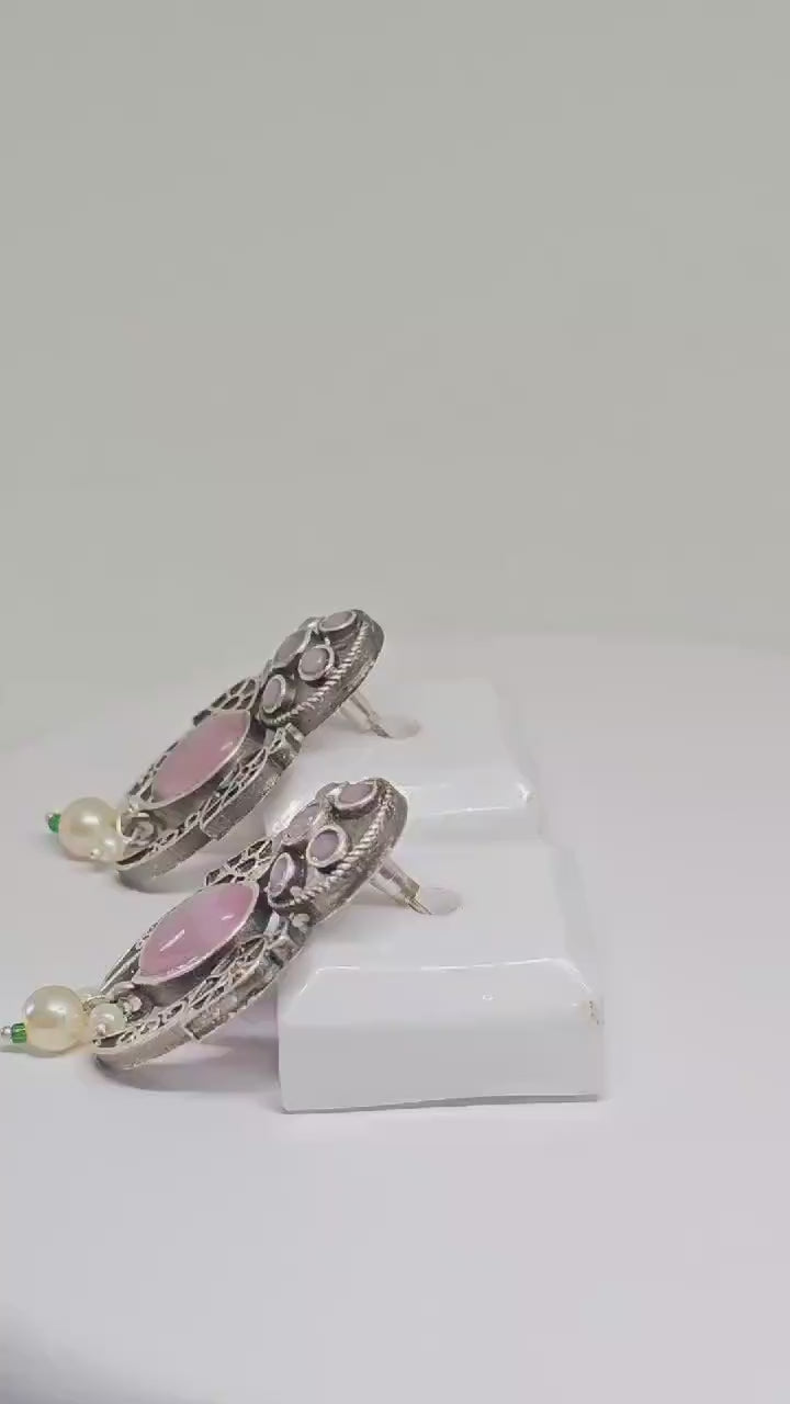 Vintage Silver Tribal Earrings with Pink Stone and Pearl Dangles, Ethnic Statement Jewelry, Handcrafted Boho Chic Accessories for Women