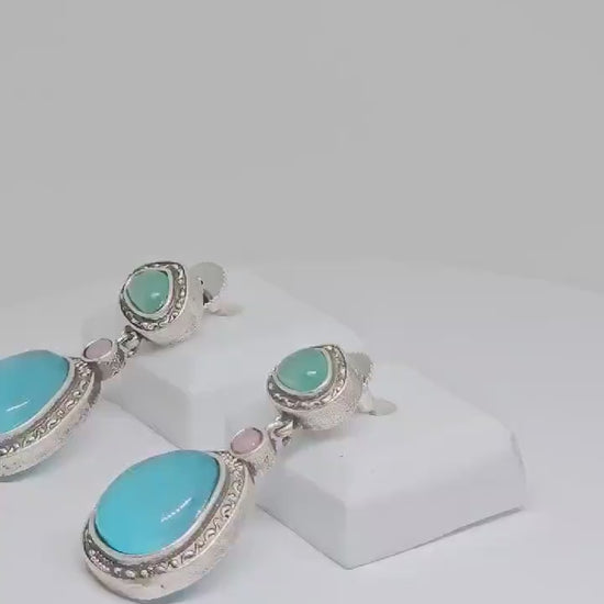 Oxidized Silver Teardrop Earrings with Aqua Blue and Light Green Monalisa Stones, Elegant Boho Chic Handmade Jewelry for Women, Gift Ideas