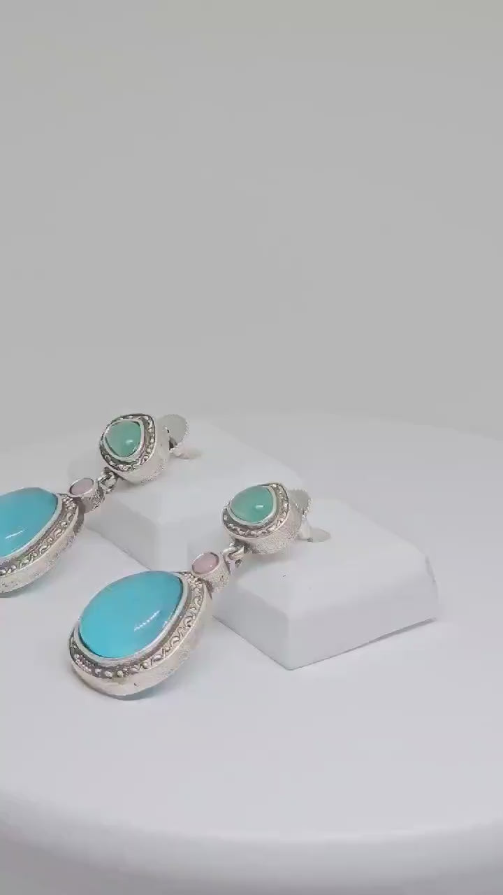 Oxidized Silver Teardrop Earrings with Aqua Blue and Light Green Monalisa Stones, Elegant Boho Chic Handmade Jewelry for Women, Gift Ideas