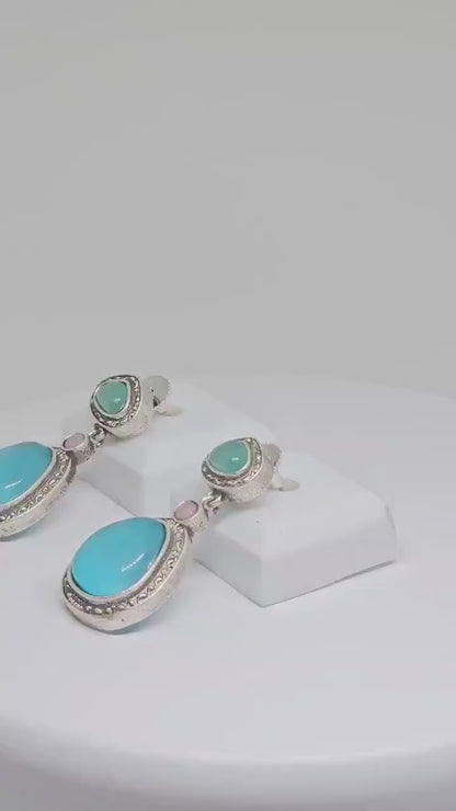 Oxidized Silver Teardrop Earrings with Aqua Blue and Light Green Monalisa Stones, Elegant Boho Chic Handmade Jewelry for Women, Gift Ideas