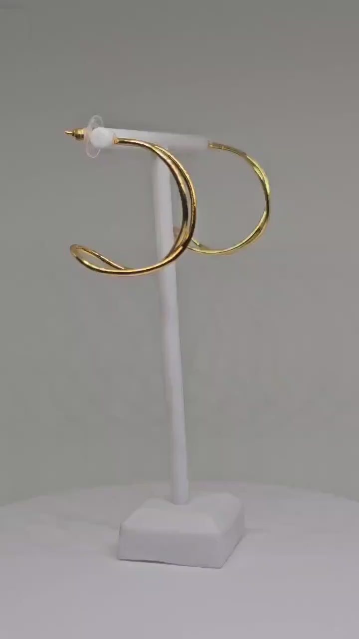 Gold Wave Shape Hoop Earrings - Minimalist Jewelry, Unique Gift for Her, Modern Gold Earrings, Lightweight Earrings, Brass Studs for Mom