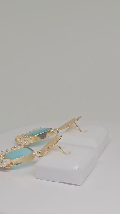 Gold-Plated Brass Earrings with  Blue or Peach color Monalisa Stone & Pearls – Ethnic Indian Earrings for Women , Gift Ideas for her