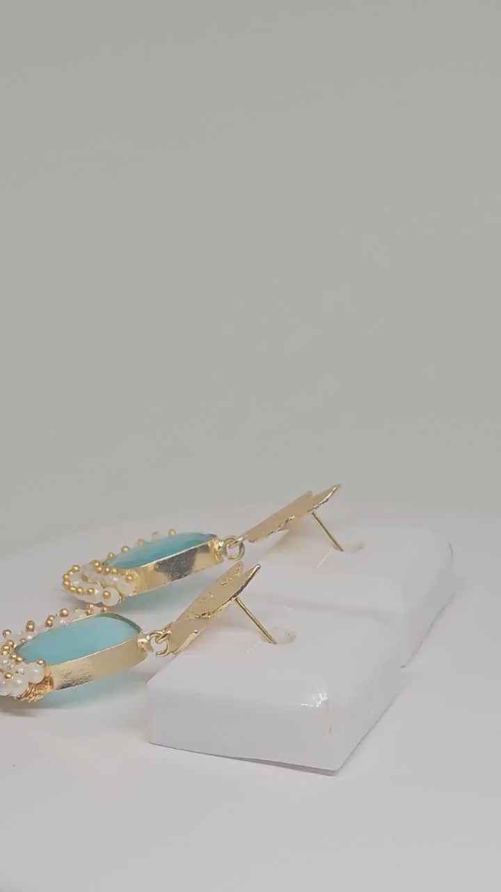 Gold-Plated Brass Earrings with  Blue or Peach color Monalisa Stone & Pearls – Ethnic Indian Earrings for Women , Gift Ideas for her