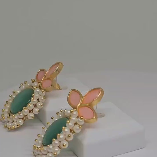 Handcrafted Floral Earrings with Pearls and Enamel, Traditional Indian Jewelry for Weddings & Festive Wear, Lightweight and Elegant