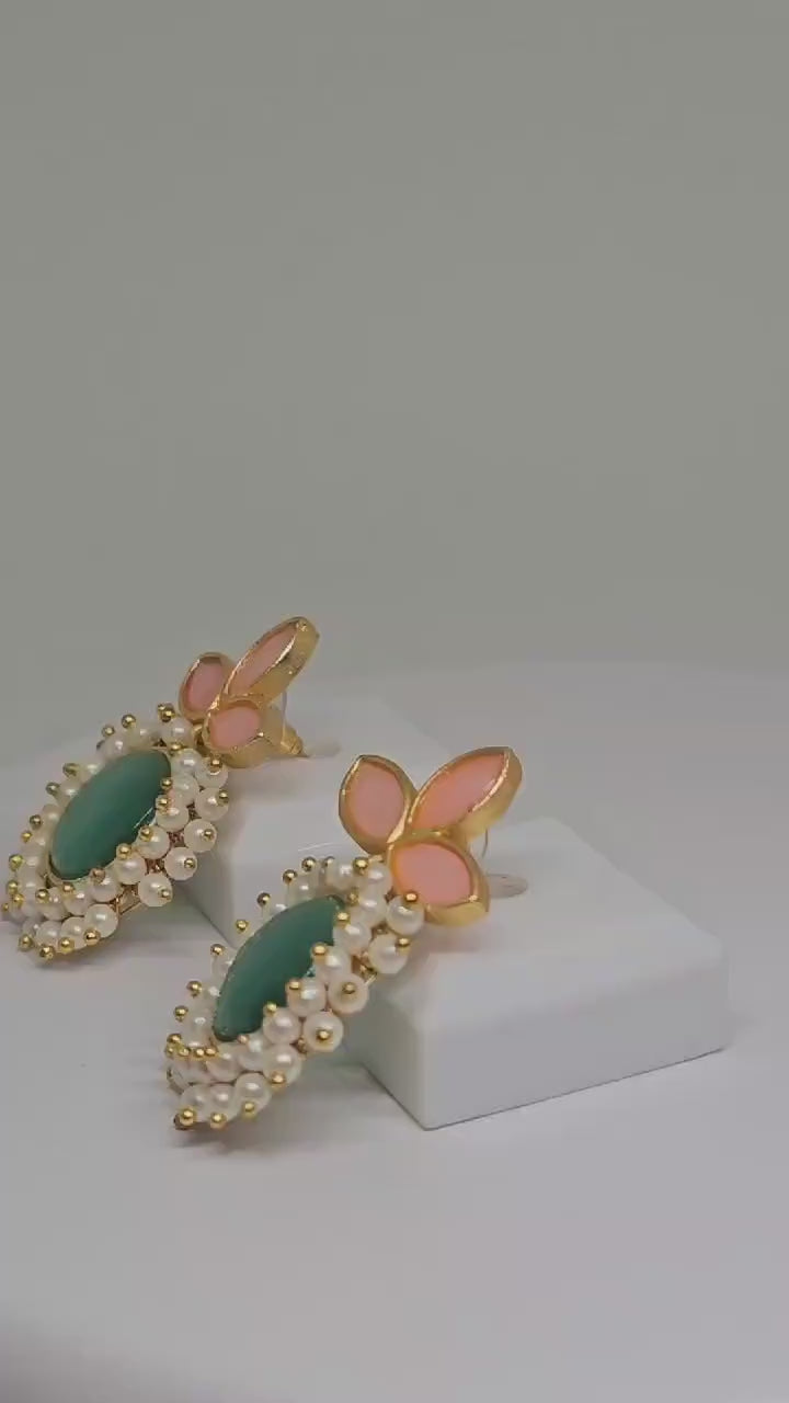 Handcrafted Floral Earrings with Pearls and Enamel, Traditional Indian Jewelry for Weddings & Festive Wear, Lightweight and Elegant