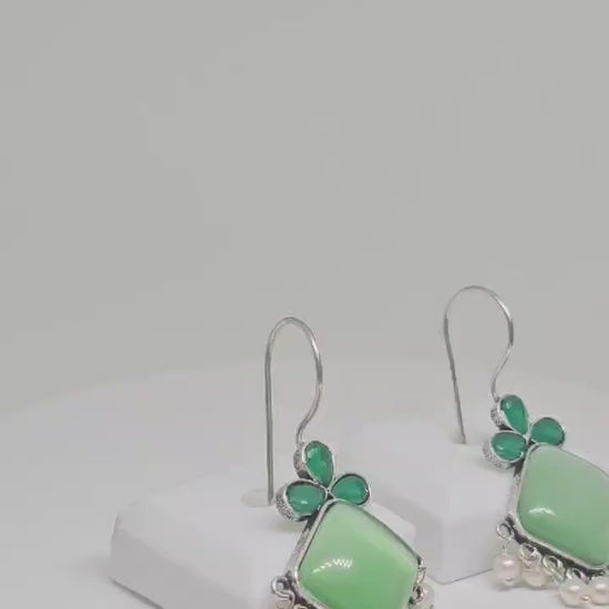 Handcrafted Green or Blue Gemstone Earrings with Pearl Accents - Boho Silver Dangle Earrings, Elegant Statement Jewelry for Women, Gift Idea