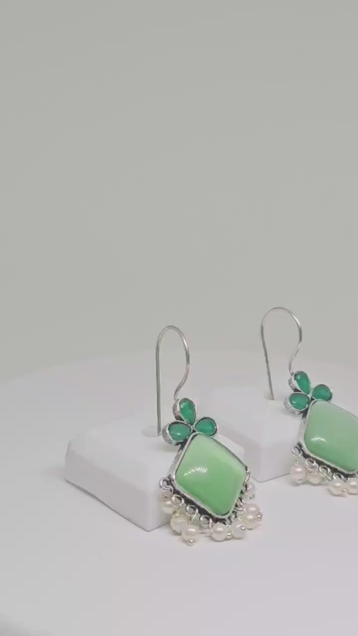 Handcrafted Green or Blue Gemstone Earrings with Pearl Accents - Boho Silver Dangle Earrings, Elegant Statement Jewelry for Women, Gift Idea