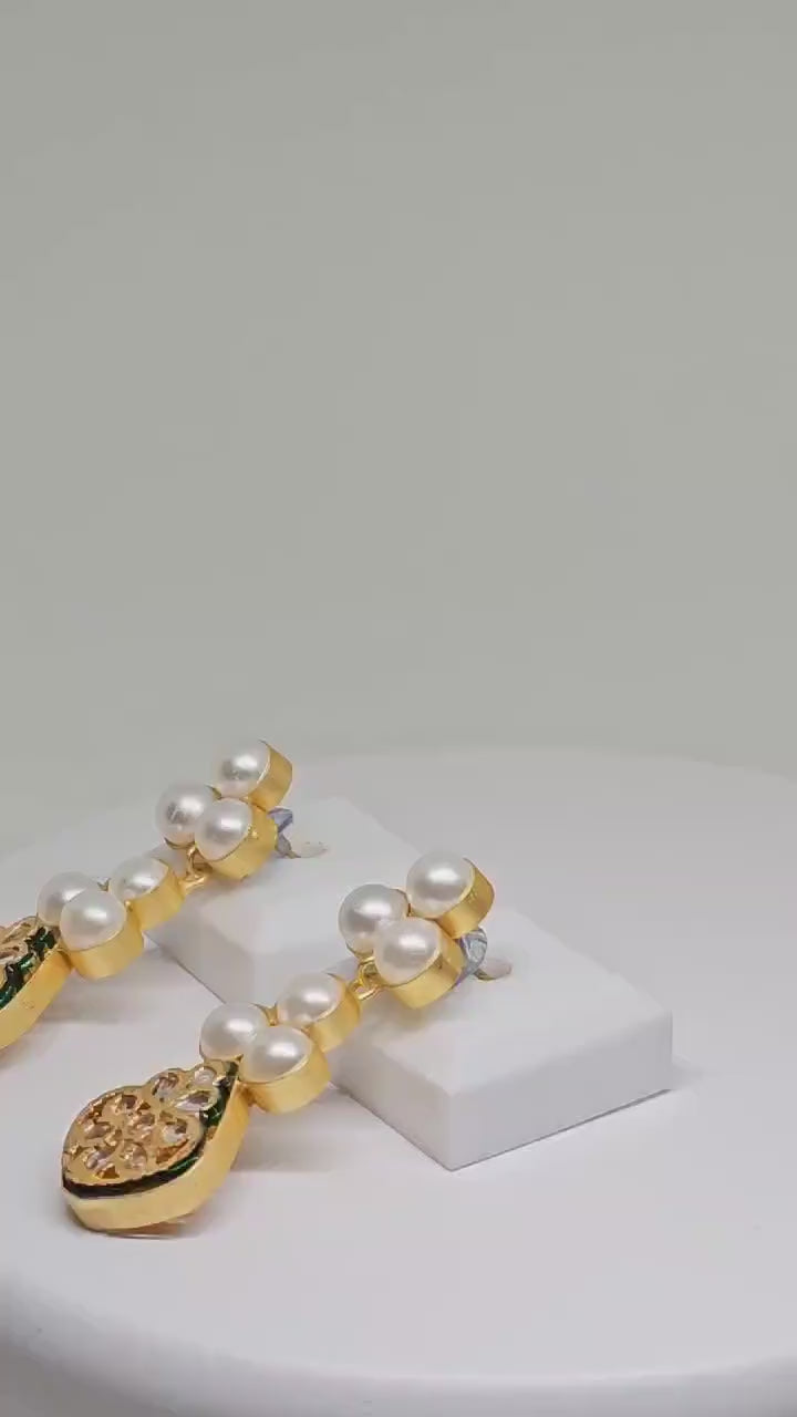 Gold Plated Pearl Drop Earrings, Handmade Statement Jewelry, Bridal Earrings, Indian Ethnic Style, Elegant Wedding Accessories for Women