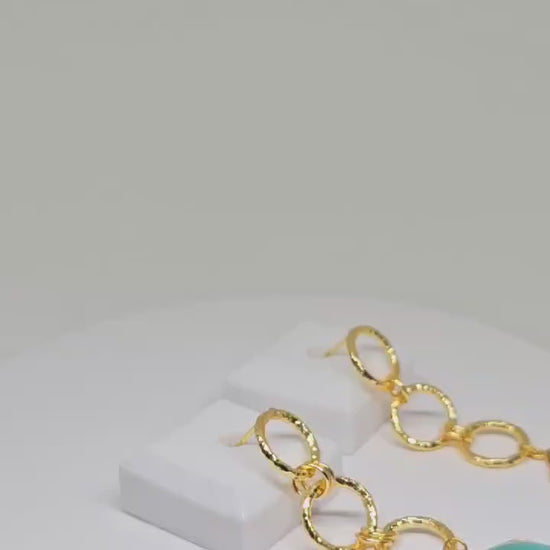 Gold Brass Hexagon Aqua Stone Dangle Earrings - Lightweight Geometric Earrings for Women - Elegant Gift Jewelry for Women, Christmas Gift