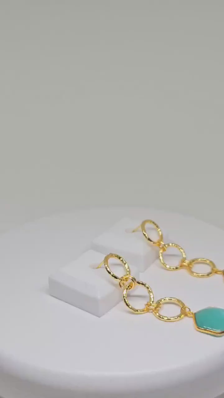 Gold Brass Hexagon Aqua Stone Dangle Earrings - Lightweight Geometric Earrings for Women - Elegant Gift Jewelry for Women, Christmas Gift