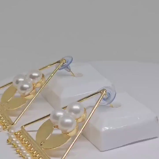 Elegant Triangle Pearl Earrings with Leaf Design, Lightweight Geometric Earrings for Women, Golden Brass Handmade Jewelry Gift for Her