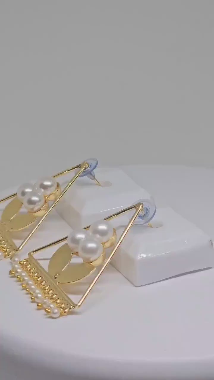 Elegant Triangle Pearl Earrings with Leaf Design, Lightweight Geometric Earrings for Women, Golden Brass Handmade Jewelry Gift for Her
