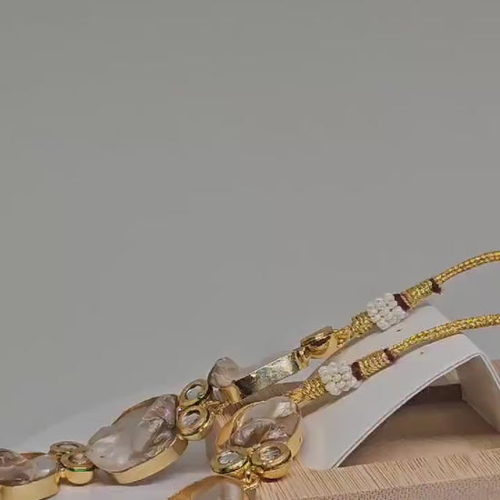 Elegant Gold Plated Necklace and Earrings Set with Natural Mother of Pearl Stones and Clear Crystal Accents for Women - Perfect Gift
