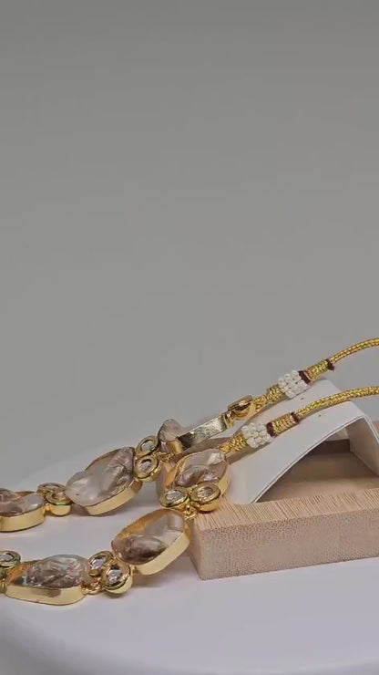 Elegant Gold Plated Necklace and Earrings Set with Natural Mother of Pearl Stones and Clear Crystal Accents for Women - Perfect Gift