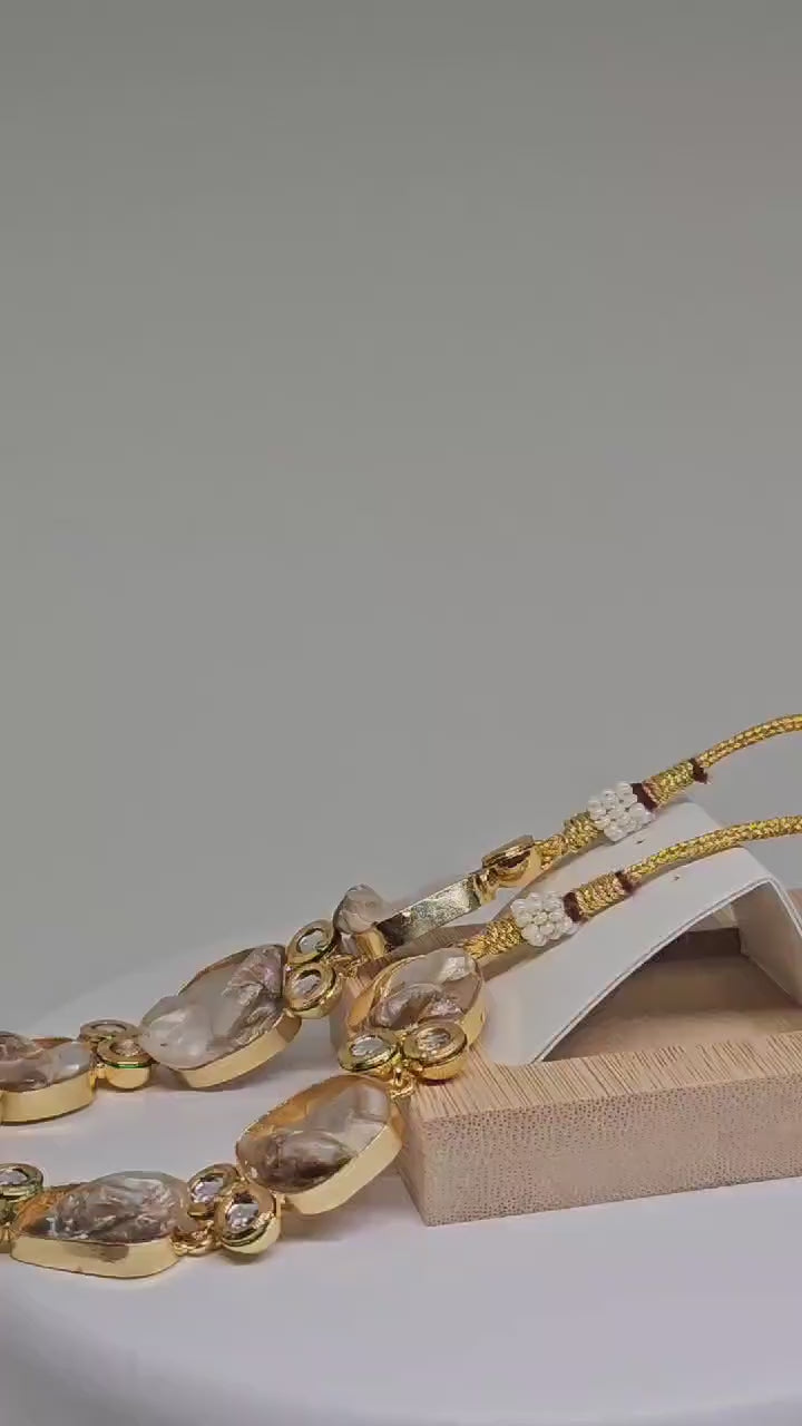 Elegant Gold Plated Necklace and Earrings Set with Natural Mother of Pearl Stones and Clear Crystal Accents for Women - Perfect Gift