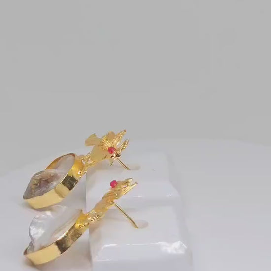 Gold-Plated Bird Design Earrings, Handmade Statement Jewelry, Natural Shell Drop, Unique Boho Style Earrings, Lightweight Gift for Her