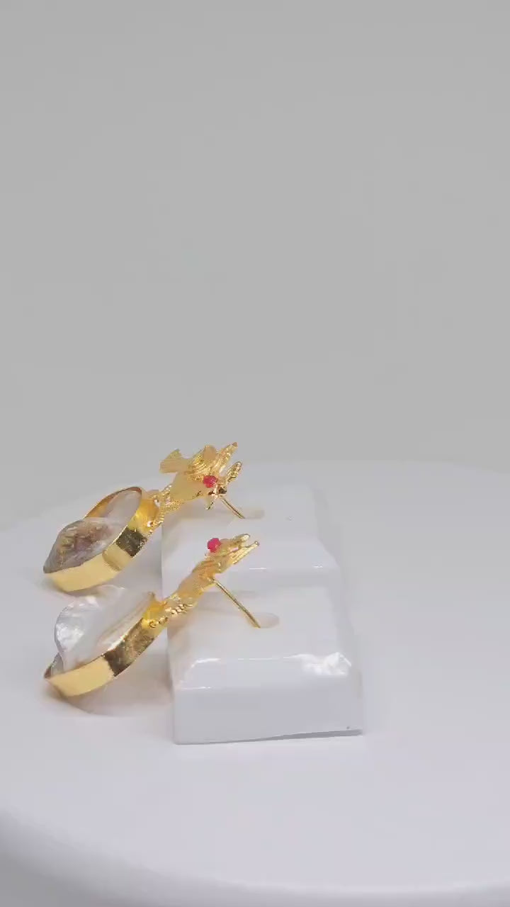 Gold-Plated Bird Design Earrings, Handmade Statement Jewelry, Natural Shell Drop, Unique Boho Style Earrings, Lightweight Gift for Her