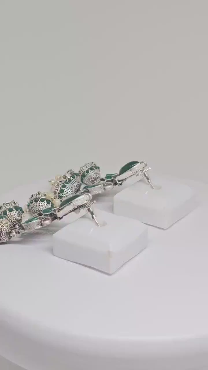 Traditional Green Stone and Silver Jhumka Earrings with Pearls – Ethnic Indian Chandbali Style, Handcrafted Boho Statement Jewelry for Women