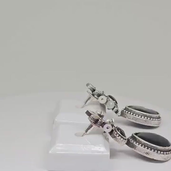 Silver Oxidized Drop Earrings with Black Stone and Pearl Details, Leaf Traditional Handmade Jewelry for Women, Ethnic Fashion Accessory