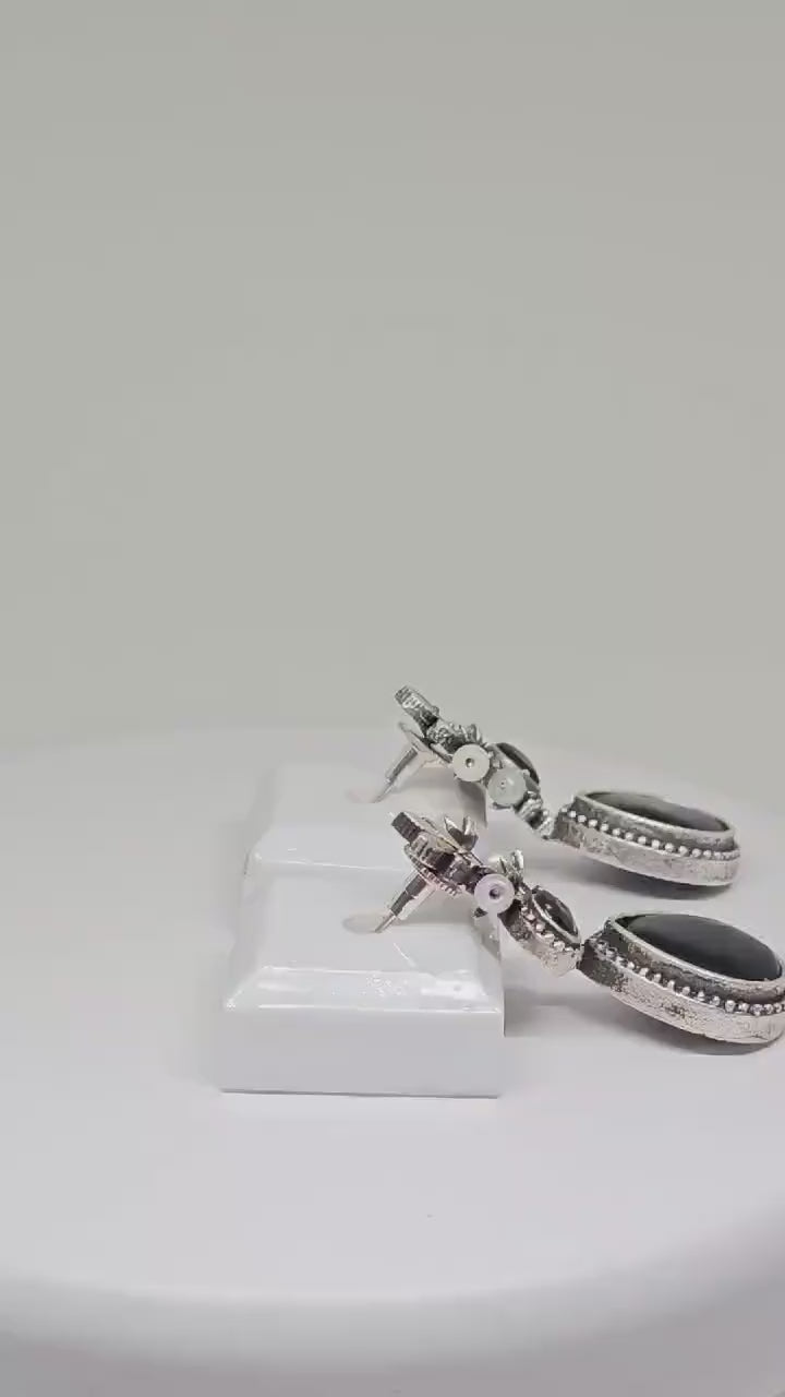 Silver Oxidized Drop Earrings with Black Stone and Pearl Details, Leaf Traditional Handmade Jewelry for Women, Ethnic Fashion Accessory