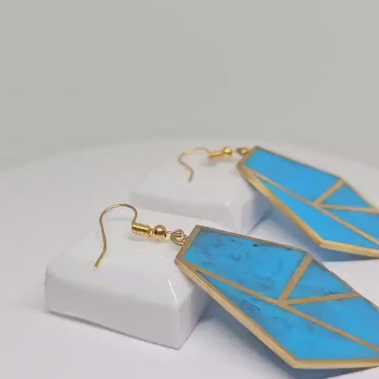 RESIN EARRINGS HANDMADE - Brass Geometric Earring, Blue Stone Earrings Gift, Minimalist Earrings, Stylish Earrings, Womens Earrings for Gift
