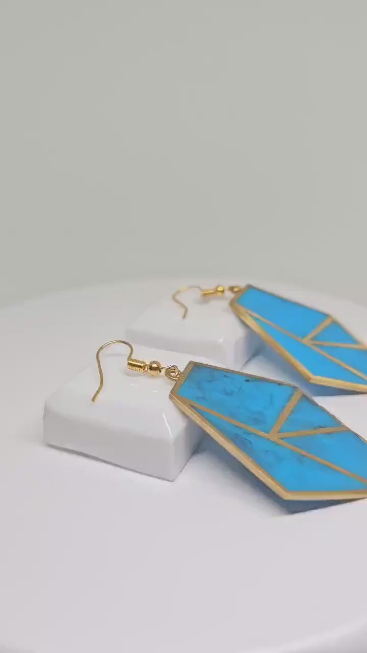 RESIN EARRINGS HANDMADE - Brass Geometric Earring, Blue Stone Earrings Gift, Minimalist Earrings, Stylish Earrings, Womens Earrings for Gift