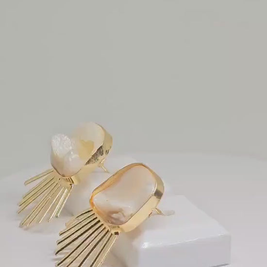 Elegant Mother of Pearl Earrings for Women - Gold-Plated Statement Jewelry with Radiant Sunburst Design - Handmade Brass Earrings for Girls