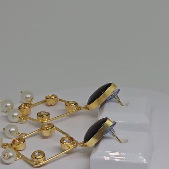 Elegant Black and Gold Chandelier Earrings - Geometric Pearl Dangle Jewelry for Women - Unique Party Statement Accessories - Gift Ideas