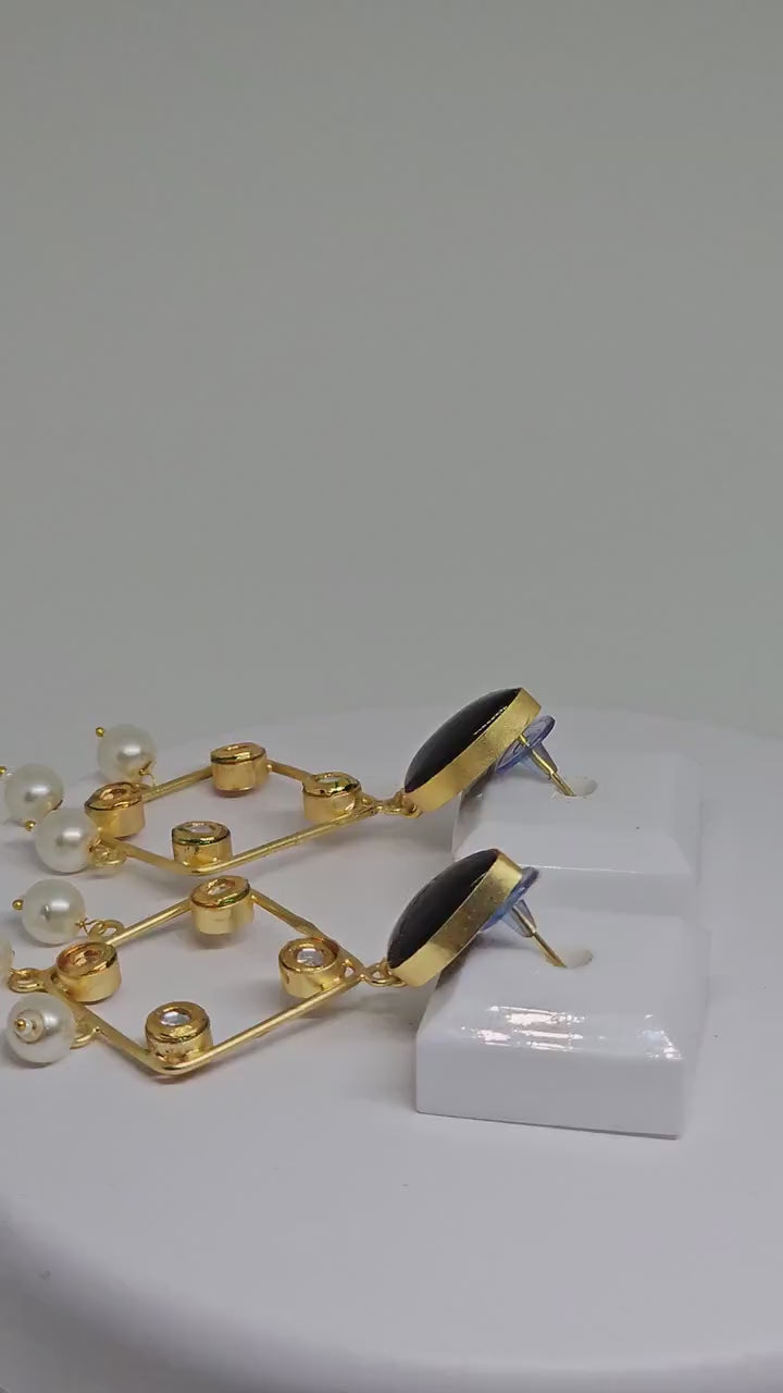 Elegant Black and Gold Chandelier Earrings - Geometric Pearl Dangle Jewelry for Women - Unique Party Statement Accessories - Gift Ideas