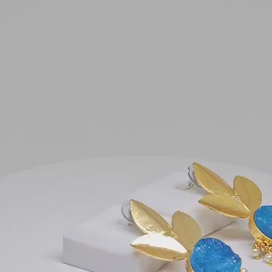 Leaf Design Earrings with Natural Stone Accent and Pearl Drops – Blue and Green Variants, Statement Brass Earrings for Women , Gold Plated