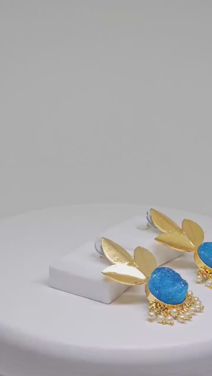 Leaf Design Earrings with Natural Stone Accent and Pearl Drops – Blue and Green Variants, Statement Brass Earrings for Women , Gold Plated